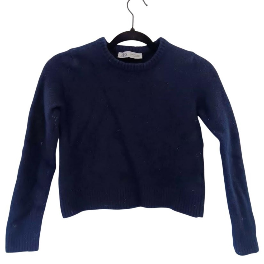 Zara Sweater Boy Medium Navy‎ Blue 100% Wool Crewneck Ribbed Knit Pullover